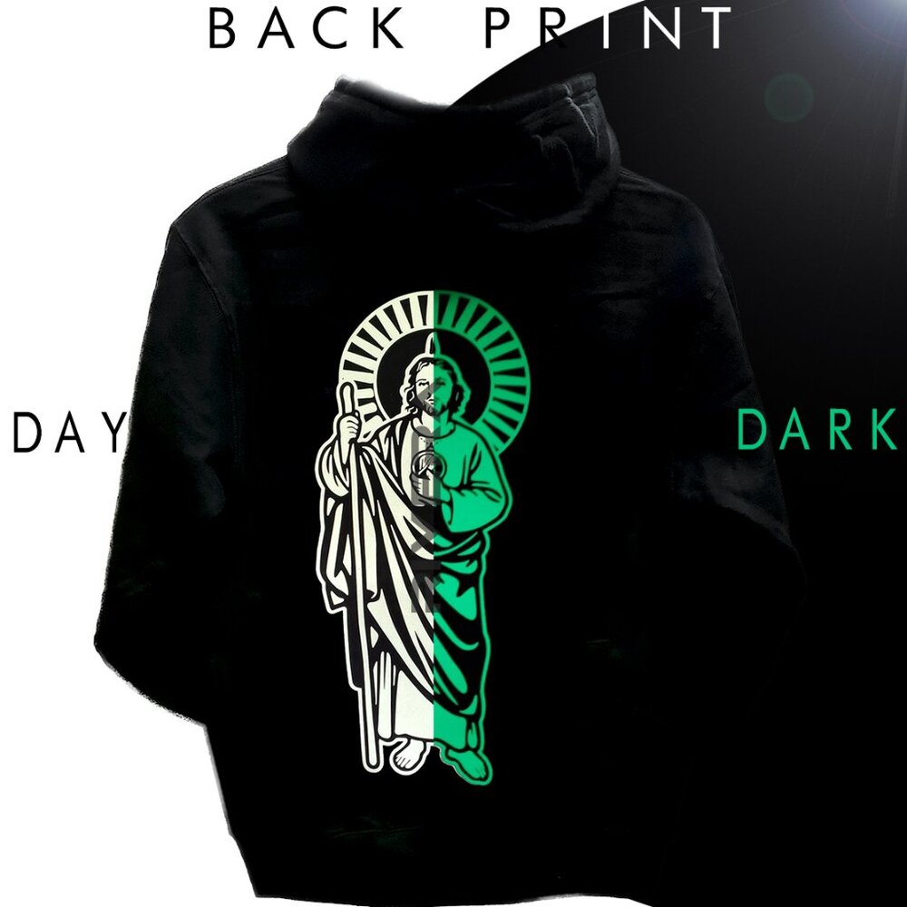 San Judas Tadeo Hoodie Black Glow in the Dark, SantoSan Juditas Sweater St. Jude